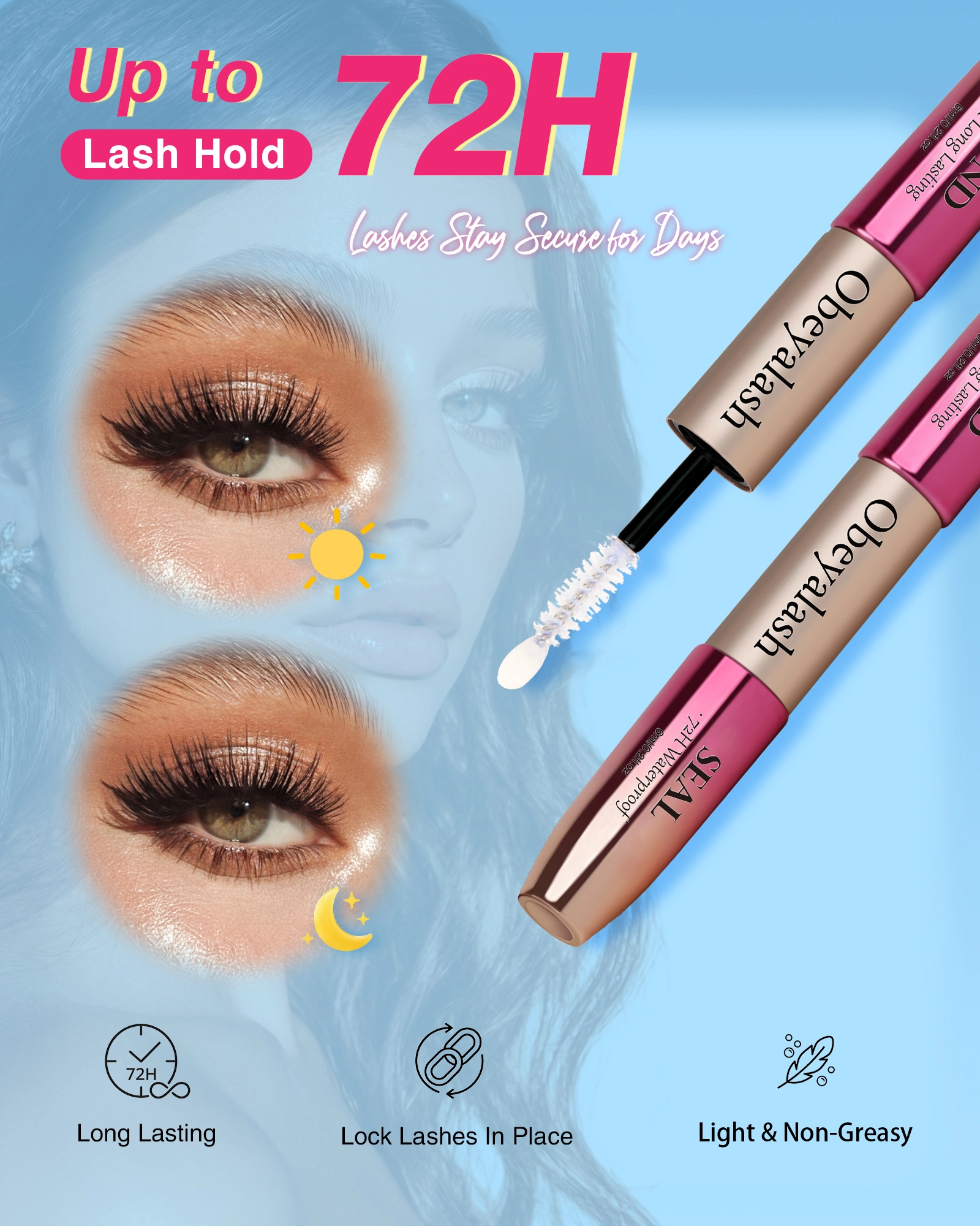 Lash Cluster Glue Strong Hold - 72H Long Lasting, Waterproof Lash Bond and Seal, Eyelash Glue for Clusters Lashes, Latex Free Fast Drying Individual Eyelash Adhesive by Obeyalash (12ml)
